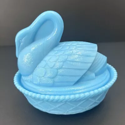 Antique Westmoreland Blue Milk Glass Closed Neck Swan On Basket Covered Dish • $49.99