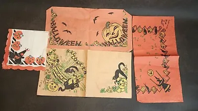 Vintage Halloween Napkins 4 Crepe Paper 1953 Witches Pumpkins Cat Bat • $19.95