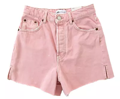 NWT Zara Button Fly Distressed Cotton Pink Cut Off Jean Denim Hi-Rise Short 4 • $24.99