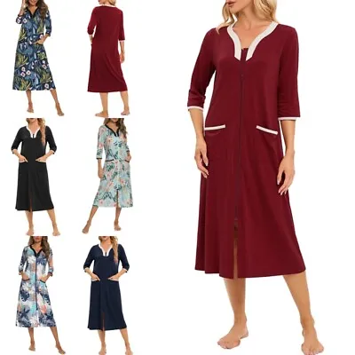 Women Nightgown V Neck Housedress Ladies Casual Homw 3/4 Sleeve Robe Front Zip • £28.92