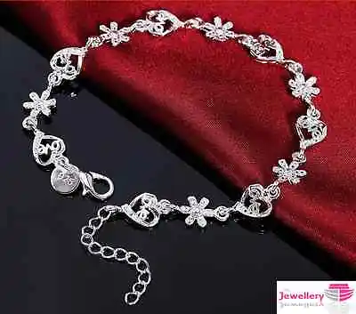 925 Sterling Silver Love Heart And Daisy Bracelet Jewellery Womens Ladies Gift • £5.35