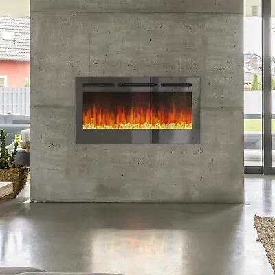 40inch Mirrored Inset Electric Fire 12 LED Crystal/Logs Wall Mounted Fireplace • £189.99