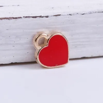 50 GOLD PLATED RED ENAMEL LOVE HEART CHARMS/PENDANTS~8mm Valentine Crafts () • £3.95