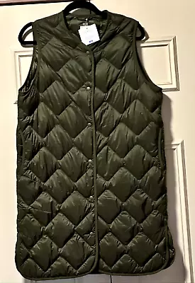 Bnwt Uniqlo Womens Olive Ultra Light Down Long Vest Gillet Sz S 12 14 16 M • $69.99