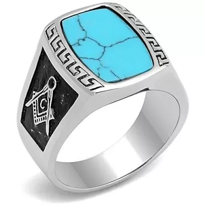 Mens Turquoise Ring Silver Masonic Signet Pinky Blue Stainless Steel CZ • £18.95