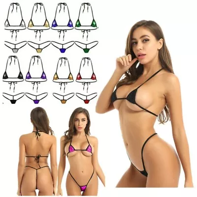 Women Wetlook Micro Bikini Set Halter Bra Tops G-string Swimwear Swimsuit Summer • $11.12