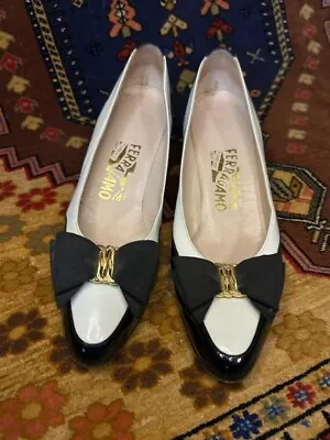 Vintage Salvatore Ferragamo Black And White Patent Leather  Heels Size 8.5 AA • $118.87