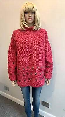 PACHAMAMA Handmade 100% Wool Hot Pink Jumper L CH48  Faux Coconut Shell Buttons • £49.50