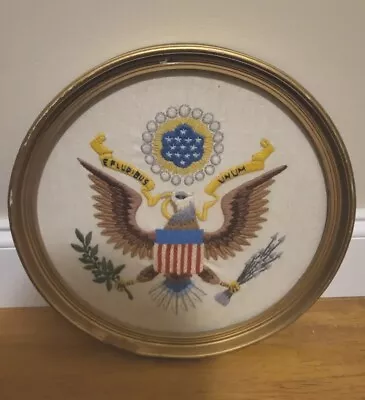 Vintage Hand Embroidered American Eagle Framed Picture E Pluribus Unum 13” Round • $34