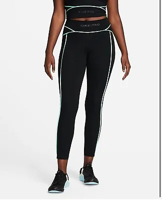 Nike Pro Dri-FIT Mid-Rise 7/8 Black Glow Training Leggings Women's Sz L DQ6300 • $44.95