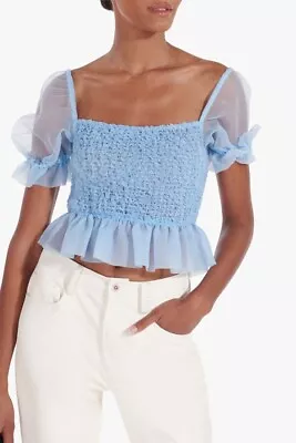 STAUD $225 Blue Organza Smocked Ruffle Peplum Cannon Top Size Medium • $69.99