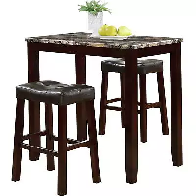 Roundhill Furniture 3Pc Counter Glossy Print Marble Breakfast Table Set Espresso • $128.77