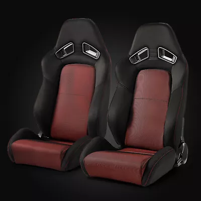 2 X Universal Black+Red Mesh Fabric Reclinable Racing Seats Left/Right W/Slider • $318.38