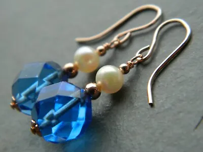 Art Deco Bristol Blue Faceted Glass Beads & Pearls & Rolled Rose Gold Earrings • $26.60