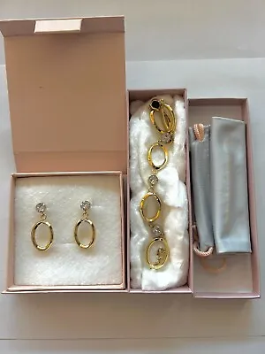 QVC Diamonique Gold Plated 1ct Bezel Link Chain Bracelet & Drop Earrings • £60