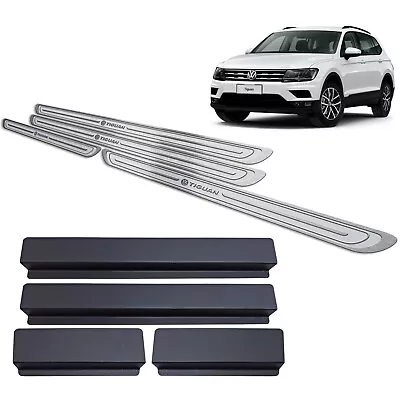 Premium Door Sill Silver Stainless Steel + Vinyl Sills Volkswagen Tiguan 18-21 • $129.90