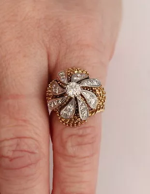 Vintage 14K Yellow White Gold Natural Diamond Milgrain Daisy Flower Ring 8.4g NR • $293