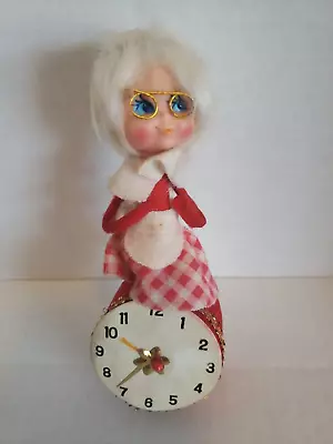 Vintage Mrs Santa Claus Pixie On Clock Felt Christmas Ornament  / Japan • $16.95