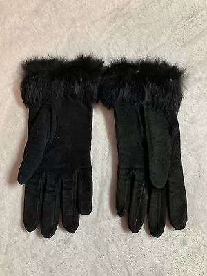 Ladies Lined Suede Leather Gloves With Rabbit Fur Cuffs Sz M • $15.99