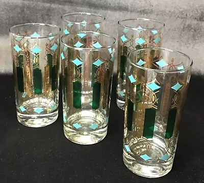 5 Mid Century  MCM Glass Tumblers Turquoise Green  Gold Geometric Scroll EXC!! • $30