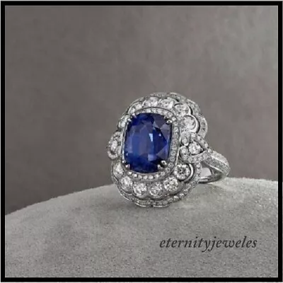 2.2CT Blue Cushion Lab-Created Halo Sapphire Vintage Art Deco Ring White Gold FN • $148.34