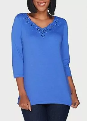 Quacker Factory Size 1X Periwinkle Eyelet Scalloped 3/4 Sleeve T-shirt • $22.99