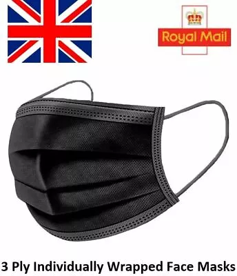 Black Premium Disposable Face Masks Covering 3 Ply Surgical Dust Face Covering • £5.49