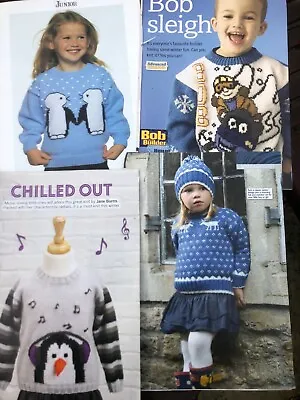 £2.50 • Buy 4 Knitting Patterns Baby & Childrens Picture Knit Sweaters Penguins Reindeer Bob