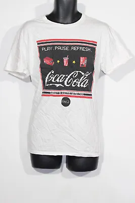 Coca Cola T-Shirt Large White Graphic Print Play Pause Refresh Official Mens • £8.99