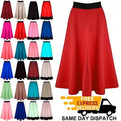 Womens Midi Skirt Ladies Stretch Flared Skater Swing Flared Midi Skater Skirt • £4.49