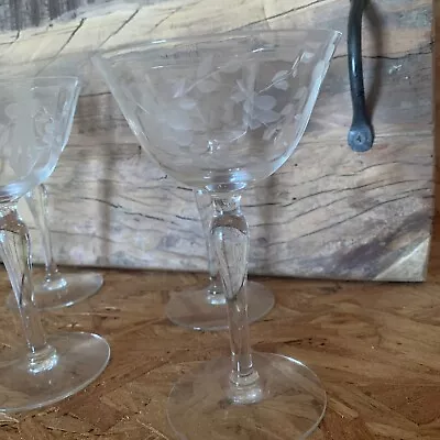 Set Of 6 Floral Etched Clear Glass Stem Glassware Vintage • $18