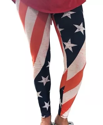 AMERICAN FLAG PRINT Leggings Red White Blue Stars Stripes Womens USA • $19