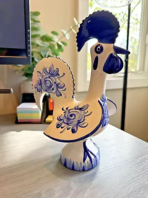 NICE! Vintage Hand Painted Rooster Portugal Porcelain Blue Floral & White 1979 • $24