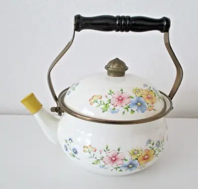 Enamelware Floral White Teapot Kettle W/ Lid Pastel Flower 7  Vintage Az56 • $14.99