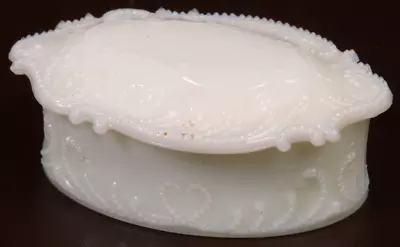 Antique Milk Glass Opal Victorian Vanity Oval Trinket Box Makers Mark S • $19.95