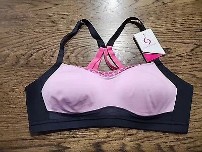 NEW Moving Comfort Fineform Sports Bra L 36A 36B 38A Lotus Pink Black Strappy • $10.95