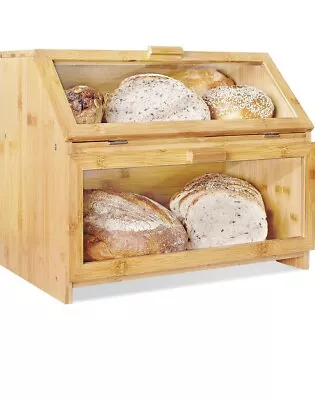 Bamboo Bread Box For Kitchen Counter - Double Layer Bread Storage With Clear ... • $49