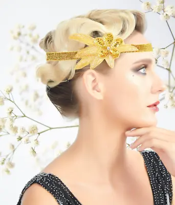 1920s Headband  Gold Rhinestone Flower Headpiece Flapper Headband Great Gatsby • $9.99