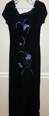 Vintage Reggio Velvet Blue Floral Maxi Dress Size 12 Formal Gown • $64.99