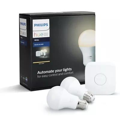 $119 • Buy Philips Hue White E27 A60 Kit  2 X Dimmable LED Globes Warm White And Hue Bridge