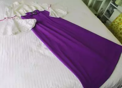Vintage 60s Habe Garments Frill Edge Sleeves White Lace & Purple Maxi Dress 14 • $55