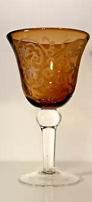 MICHAEL WEEMS Style 8” Tall Amber Gold Etched Floral Patterned Glass Goblet EUC • $29.95