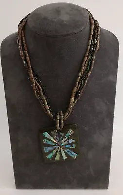 EAST Wooden Multistrand  Bead Necklace With Abalone Set Pendant • £6.99