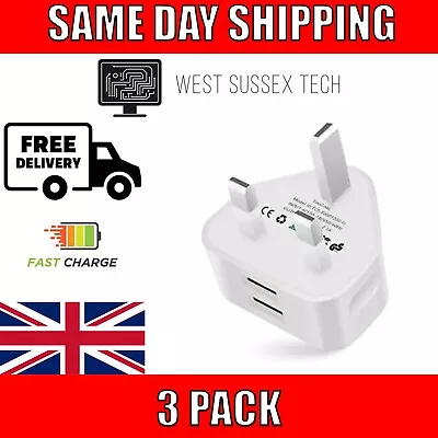 3 Pack 2 Port UK USB Wall Charger 3 Pin Plug Mains Adapter For Phones Tablets • £11.99