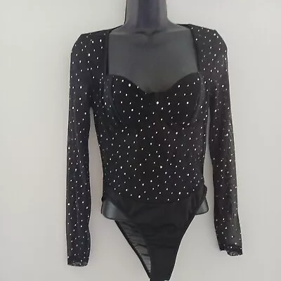 Black Long Sleeved Mesh Underwired Body  Bodysuit Top Sequin Corset Size M 12  • £12.49