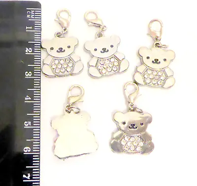 £4.99 • Buy 5 Silver Tone Teddy Bear With Crystals Clip-on Charms