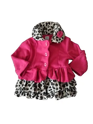 Mack & Co Girl's Coat Pink Fleece Leopard Ruffle Jacket Coat Toddler Size 2T • $12