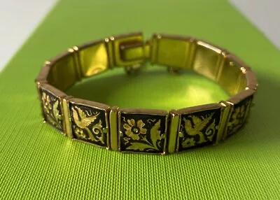 Vintage Damascene Etched Black Tone Bird/Floral Panel 13 Link Bracelet • $45