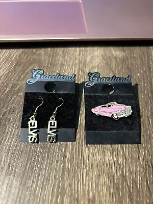 Elvis Memorabilia Elvis Gold Block Earrings & Pink Cadillac Pin • $4