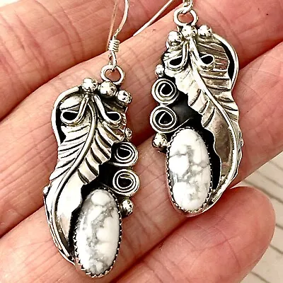 $79.95 • Buy Long Navajo White Buffalo Earrings 2  Sterling 925 Leaf Feather Turquoise RM